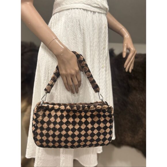 Checkerboard Real Shearling Leather Handmade Double Zip Boston Bag/Crossbody - Picture 3 of 14